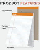 Dynta Legal Pads 8.5 x 11 Writing Notepad, 6 Packs Wide Ruled Letter Pad White Paper, Micro Perforated 45 Sheets/90 Pages (70GSM) Legal Pad for School, College, Office, Business (Rainbow)