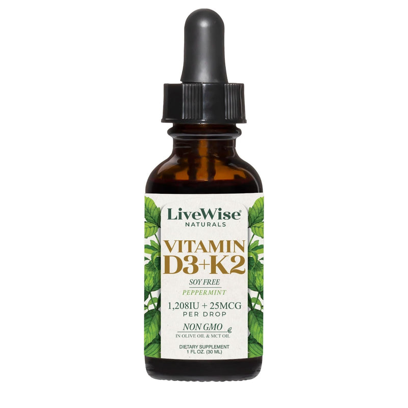 Vitamin D3 with K2 Liquid Drops, All Natural, Non-GMO, 1208iu D3 and 25mcg K2 (mk7) per Serving, Support Your Bones, Immune System and Energy Levels, with or Without Peppermint Oil