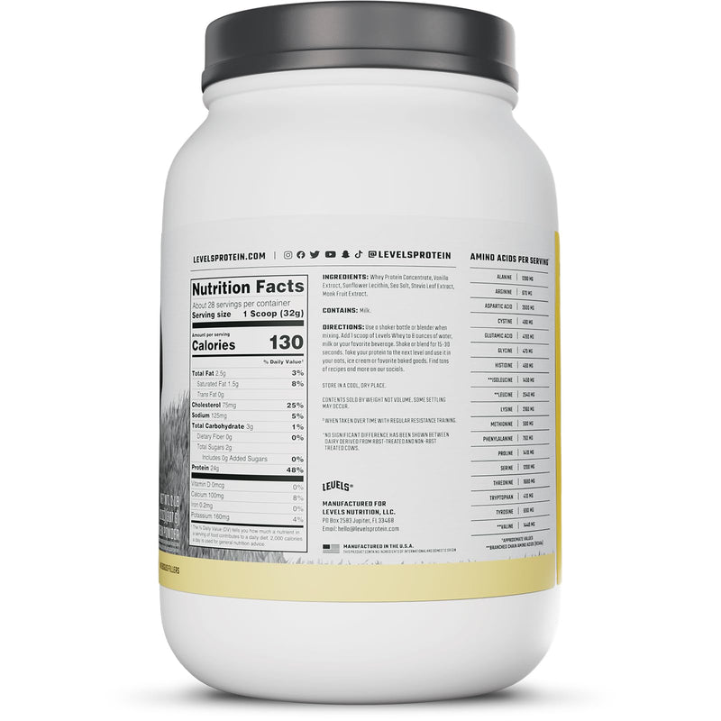 Levels Grass Fed Whey Protein Powder, No Artificials, 24G of Protein, Double Chocolate, 5LB