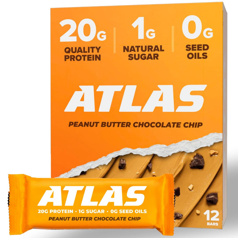 Atlas Protein Bar, 20g Protein, 1g Sugar, Clean Ingredients, Gluten Free (Peanut Butter Chocolate Chip, 12 Count (Pack of 1))