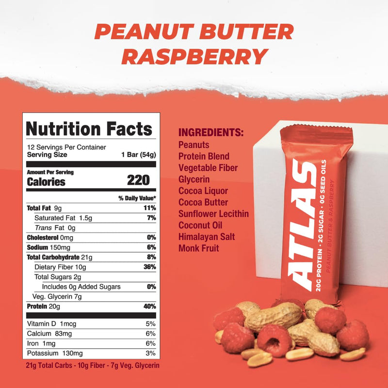 Atlas Protein Bar, 20g Protein, 1g Sugar, Clean Ingredients, Gluten Free (Peanut Butter Raspberry, 12 Count (Pack of 1))