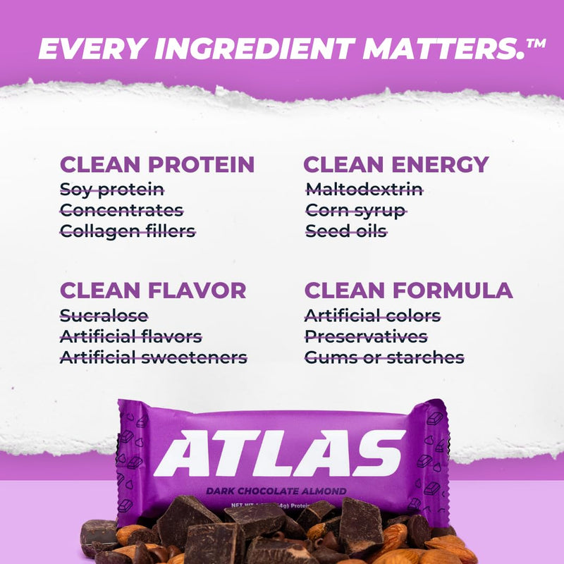 Atlas Protein Bar, 20g Protein, 1g Sugar, Clean Ingredients, Gluten Free (Dark Chocolate Almond, 12 Count (Pack of 2))