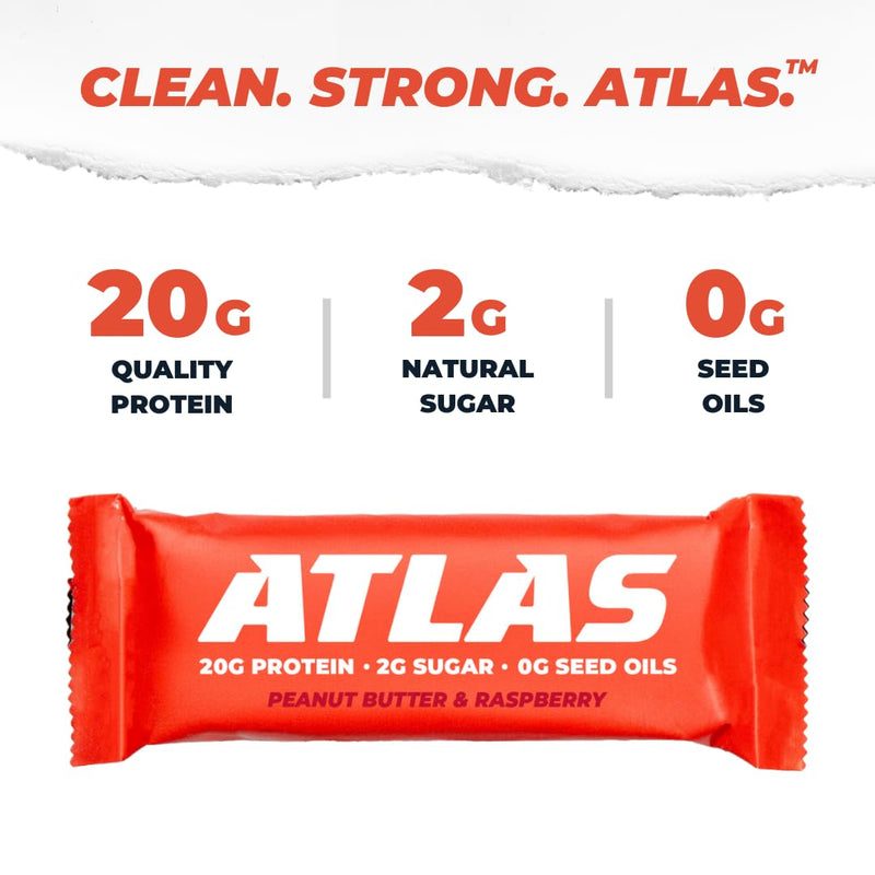 Atlas Protein Bar, 20g Protein, 1g Sugar, Clean Ingredients, Gluten Free (Peanut Butter Raspberry, 12 Count (Pack of 1))