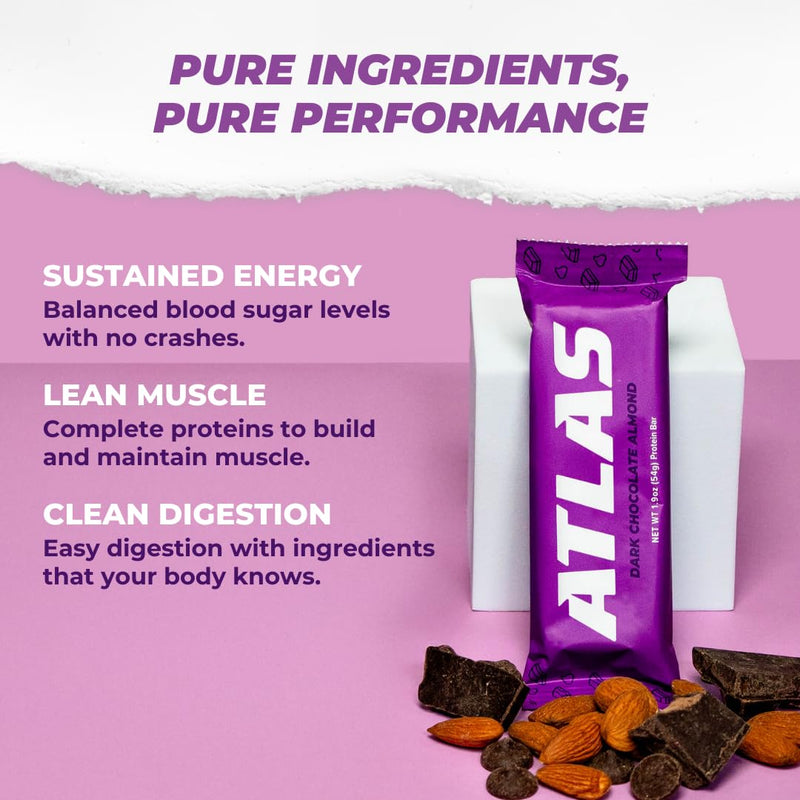 Atlas Protein Bar, 20g Protein, 1g Sugar, Clean Ingredients, Gluten Free (Dark Chocolate Almond, 12 Count (Pack of 2))