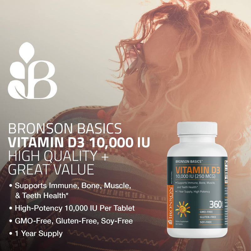 Bronson Vitamin D3 10,000iu (250mcg) 1 Year Supply for Healthy Muscle Function and Immune Support, Non-GMO, 360 Tablets