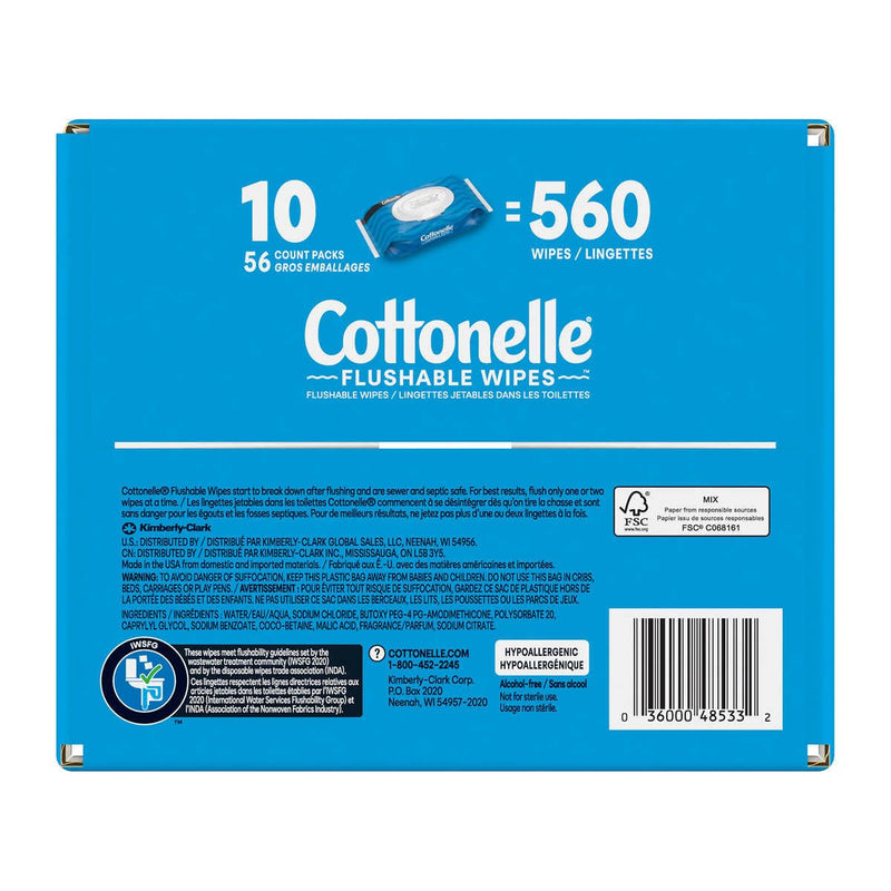 Cottonelle Freshfeel Flushable Wet Wipes - One Box of 560 Wipes (10 Packs of 56 Pieces)