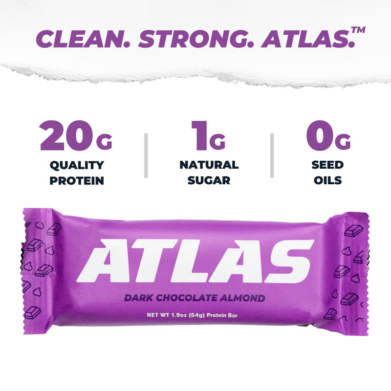 Atlas Protein Bar, 20g Protein, 1g Sugar, Clean Ingredients, Gluten Free (Dark Chocolate Almond, 12 Count (Pack of 2))