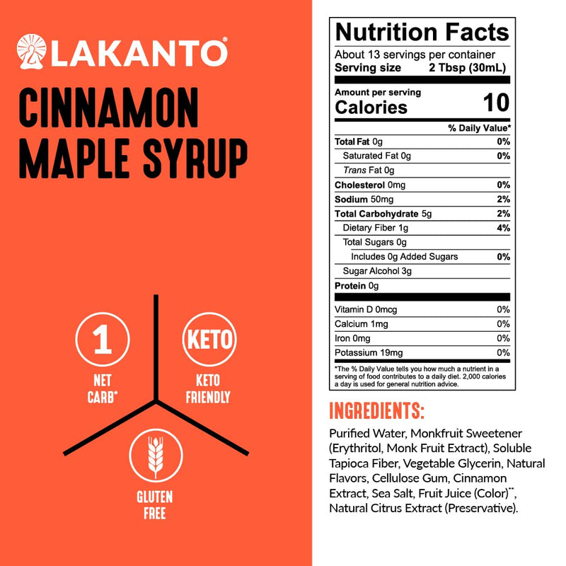 Lakanto Sugar Free Maple Syrup - Monk Fruit Sweetener, Keto Diet Friendly, Vegan, 1g Net Carbs, Pancakes, Waffles, Oatmeal, Coffee, Tea, Granola, Frosting, Marinade, Dressing (13 Fl Oz - Pack of 1)