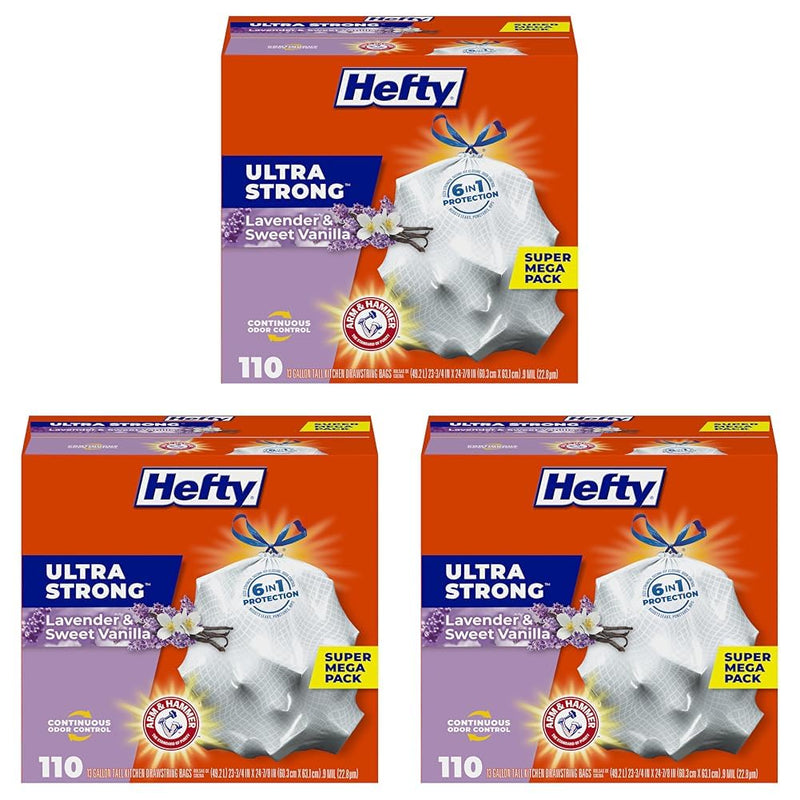 Hefty Ultra Strong 13 Gallon Trash Bags, Tall Kitchen Trash Bags 13 Gallon Size, Drawstring Closure, Continuous Odor Control, White, Clean Burst Scent, 110 Bags