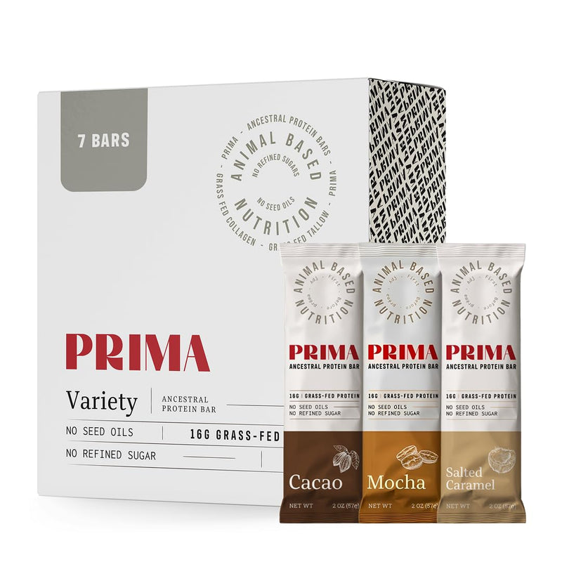 PRIMA ANCESTRAL PROTEIN BAR Grass Fed Protein Bars, 7 Pack – Animal-Based Protein Bar with Beef Tallow, Raw Honey, Seed Oil Free, Low Carb, Gluten-Free – Healthy, Energy Snacks for Clean Lifestyle (7 Pack, Cacao)