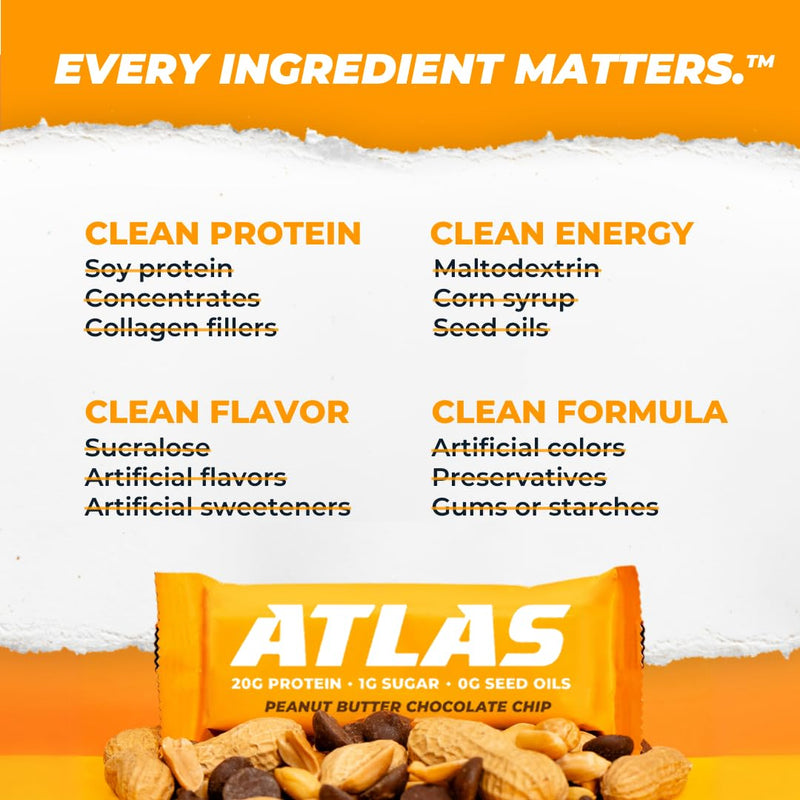 Atlas Protein Bar, 20g Protein, 1g Sugar, Clean Ingredients, Gluten Free (Peanut Butter Chocolate Chip, 12 Count (Pack of 1))