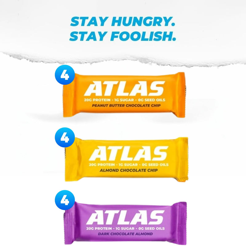 Atlas Protein Bar, 20g Protein, 1g Sugar, Clean Ingredients, Gluten Free (Whey Variety, 12 Count (Pack of 2))