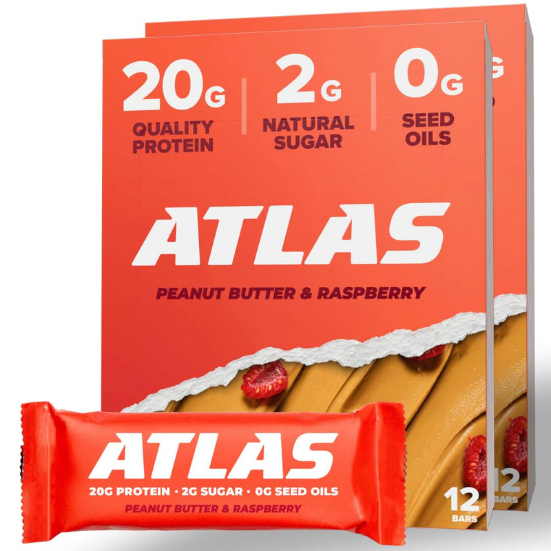 Atlas Protein Bar, 20g Protein, 1g Sugar, Clean Ingredients, Gluten Free (Peanut Butter Raspberry, 12 Count (Pack of 1))