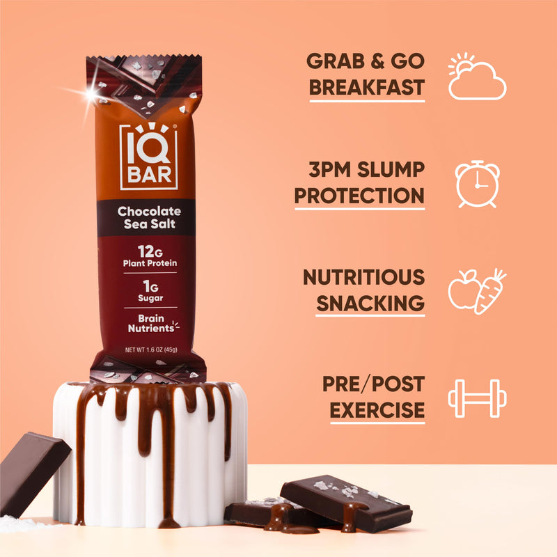 IQBAR Brain and Body Plant Protein Bars - Peanut Butter Chip - 12 Count, Low Carb, High Fiber, Gluten Free, Vegan Snacks - Low Sugar Keto Energy Bars