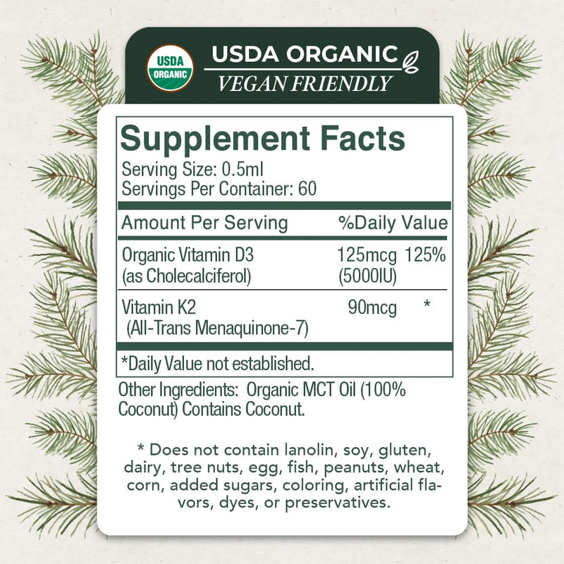 Vitamin D3 with K2 Liquid Drops, All Natural, Non-GMO, 1208iu D3 and 25mcg K2 (mk7) per Serving, Support Your Bones, Immune System and Energy Levels, with or Without Peppermint Oil