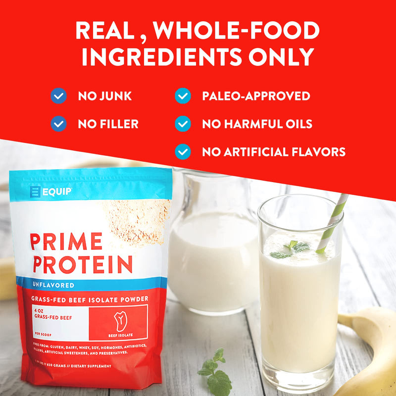 Equip Foods Prime Protein - Grass Fed Beef Protein Powder Isolate - Paleo and Keto Friendly, Gluten Free Carnivore Protein Powder - Unflavored, 1.39 Pounds - Helps Build and Repair Tissue