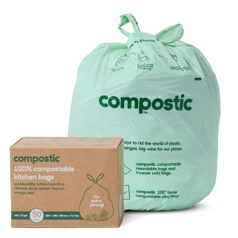 Compostic Home Compostable Trash Bags, 13 Gallon Tall Kitchen Rubbish Bags (23” x 29”), Extra Strong & Quickly Breaks Down, 100 Count