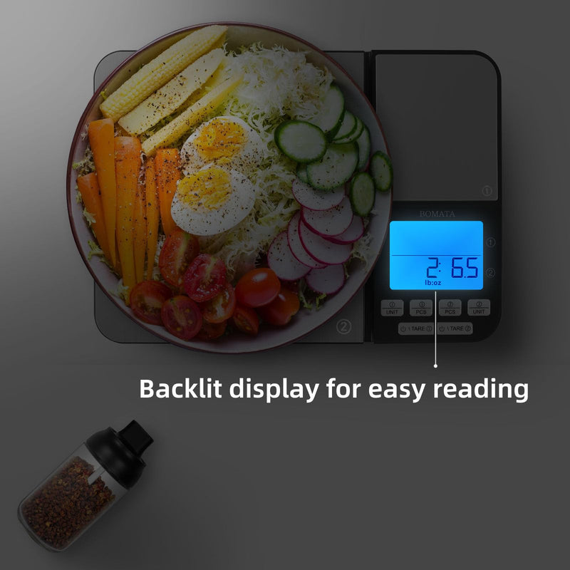 BOMATA Dual Platform Digital Kitchen Scale with Two Precision 0.1g & 0.01g/0.001oz, Max Capacity 11lb/5kg,Tare Function, Units Conversions, Stainless Steel, LCD with Backlit