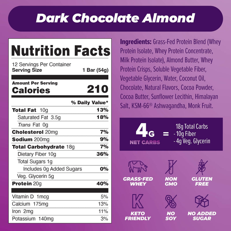 Atlas Protein Bar, 20g Protein, 1g Sugar, Clean Ingredients, Gluten Free (Dark Chocolate Almond, 12 Count (Pack of 2))