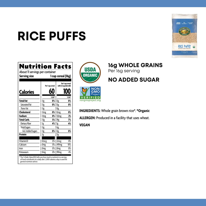 Nature's Path Organic Kamut Puffs Cereal,Earth Friendly Package, Khorasan Wheat Puffs, Non-GMO, 16g Whole Grains, No Added Sugar,6 Ounce (Pack of 12)