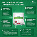 Zazzee D-Mannose Powder Plus, 2000 mg, 30 Servings, Potent & Fast-Acting, Plus 5 Billion CFU Probiotics and Pure Cranberry Juice Extract, Kosher, Free Scoop, 2.98 Oz, Gluten-Free, Non-GMO, All-Natural