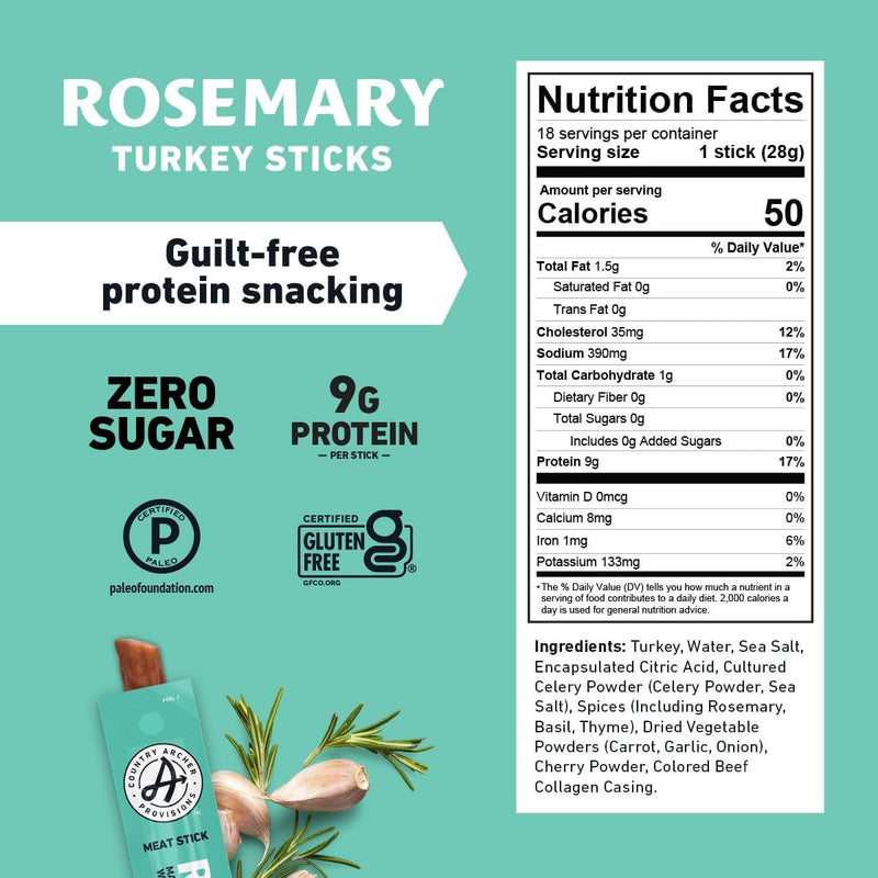 Rosemary Turkey Sticks by Country Archer, 100% Natural, Gluten Free, High Protein Snacks, 1 Ounce (Pack of 18)