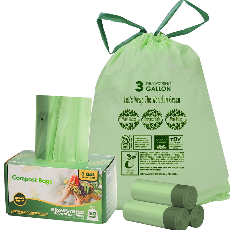 13 Gallon Compostable Trash Bags with Drawstring, Heavy Duty Extra Thick 1 Mil, 49.21 Liter, Tear Resistant and Odorless Kitchen Food Scrap Waste Bag, US BPI and OK Compost Home Certified (30 Count)