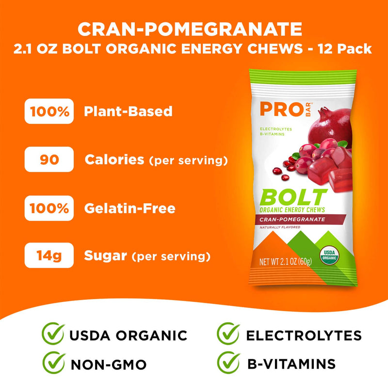 PROBAR - Bolt Organic Energy Chews, Strawberry, Non-GMO, Gluten-Free, USDA Certified Organic, Healthy, Natural Energy, Fast Fuel with Vitamins B & C, 2.1 Ounce (Pack of 12)