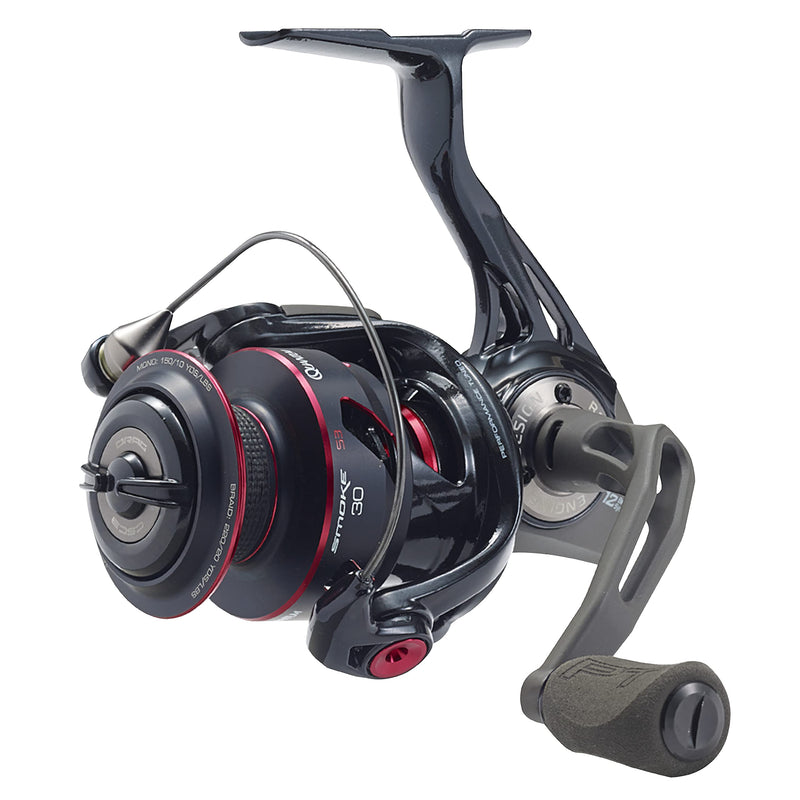 Quantum Smoke Spinning Fishing Reel, Size 30 Reel, Changeable Right- or Left-Hand Retrieve, Continuous Anti-Reverse Clutch with NiTi Indestructible Bail, SCR Alloy Frame, Black