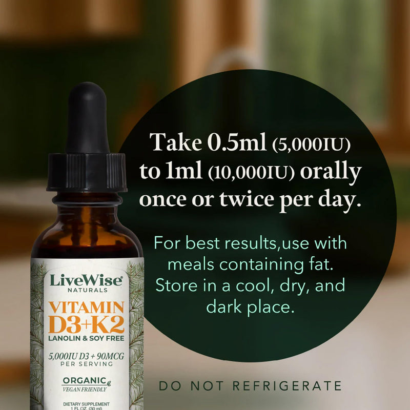 Vitamin D3 with K2 Liquid Drops, All Natural, Non-GMO, 1208iu D3 and 25mcg K2 (mk7) per Serving, Support Your Bones, Immune System and Energy Levels, with or Without Peppermint Oil