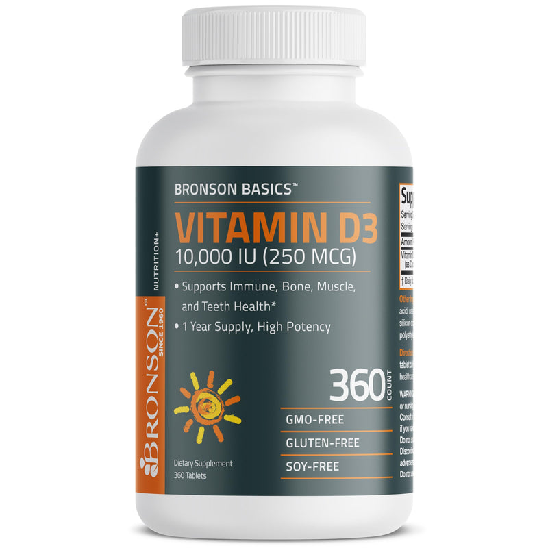 Bronson Vitamin D3 10,000iu (250mcg) 1 Year Supply for Healthy Muscle Function and Immune Support, Non-GMO, 360 Tablets