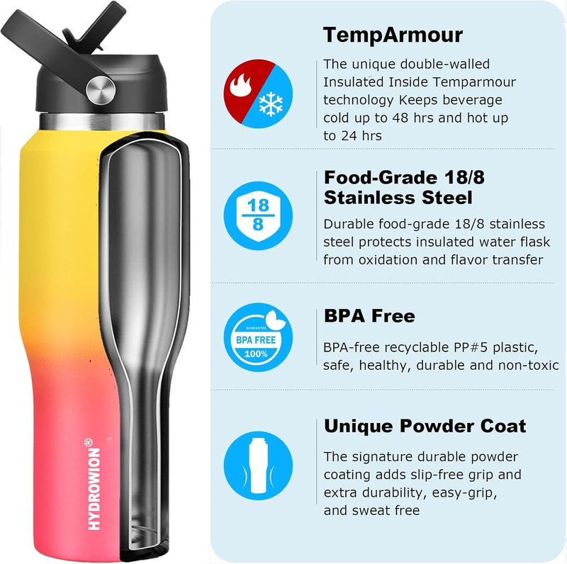 40 oz Insulated Water Bottle with Straw fit in Car Cup Holder(Cold 48 hrs, Hot 24 hrs) Drinking Bottle with Straw Lid, Spout Lid and Flex Cap Leakproof Travel Thermo Mug，White - Black