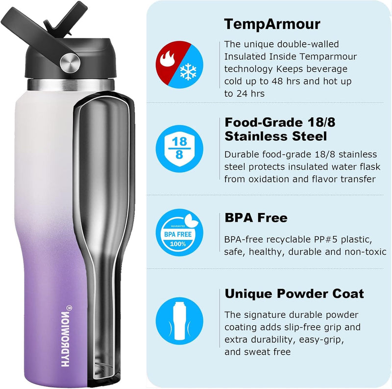 40 oz Insulated Water Bottle with Straw fit in Car Cup Holder(Cold 48 hrs, Hot 24 hrs) Drinking Bottle with Straw Lid, Spout Lid and Flex Cap Leakproof Travel Thermo Mug，White - Black