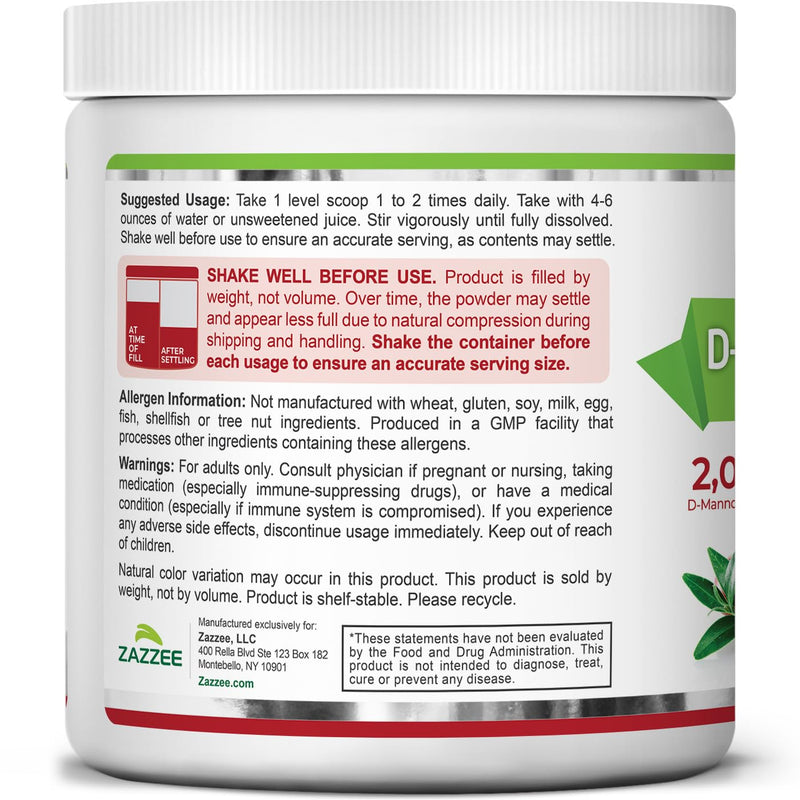 Zazzee D-Mannose Powder Plus, 2000 mg, 30 Servings, Potent & Fast-Acting, Plus 5 Billion CFU Probiotics and Pure Cranberry Juice Extract, Kosher, Free Scoop, 2.98 Oz, Gluten-Free, Non-GMO, All-Natural