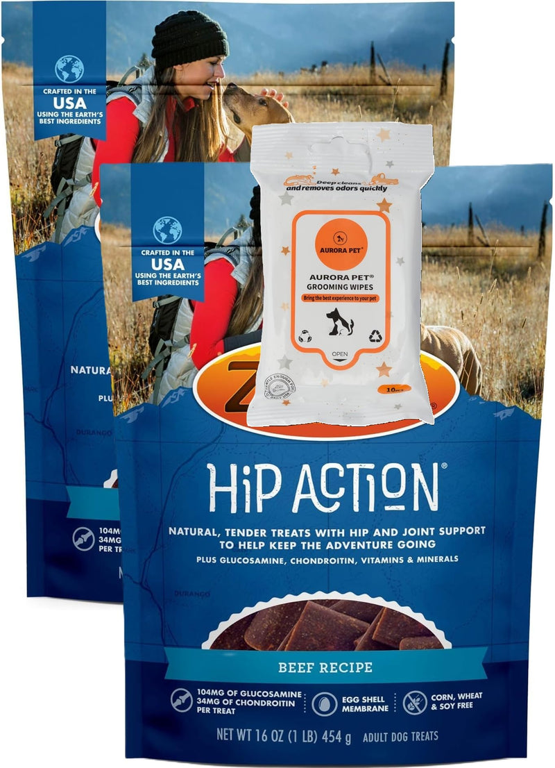 Aurora Pet Bundle (2) Zukes Hip & Joint Beef Recipe Dog Treats (16-oz Bags) with AuroraPet Wipes