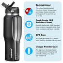 40 oz Insulated Water Bottle with Straw fit in Car Cup Holder(Cold 48 hrs, Hot 24 hrs) Drinking Bottle with Straw Lid, Spout Lid and Flex Cap Leakproof Travel Thermo Mug，White - Black