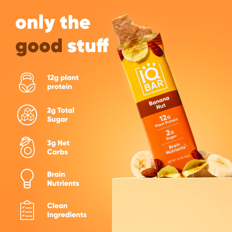 IQBAR Brain and Body Plant Protein Bars - Peanut Butter Chip - 12 Count, Low Carb, High Fiber, Gluten Free, Vegan Snacks - Low Sugar Keto Energy Bars