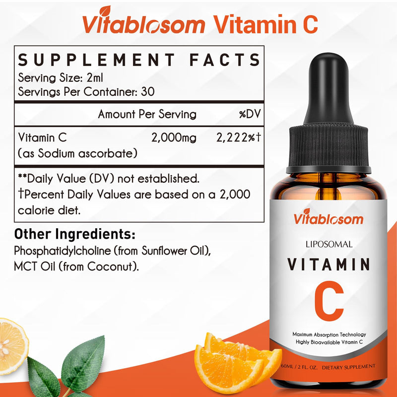 Liposomal Vitamin C 2000mg Liquid for Adults, High Absorption VIT C, Maximize Vitamin C, for Immune System & Antioxidant, 60ML (1 Bottle)