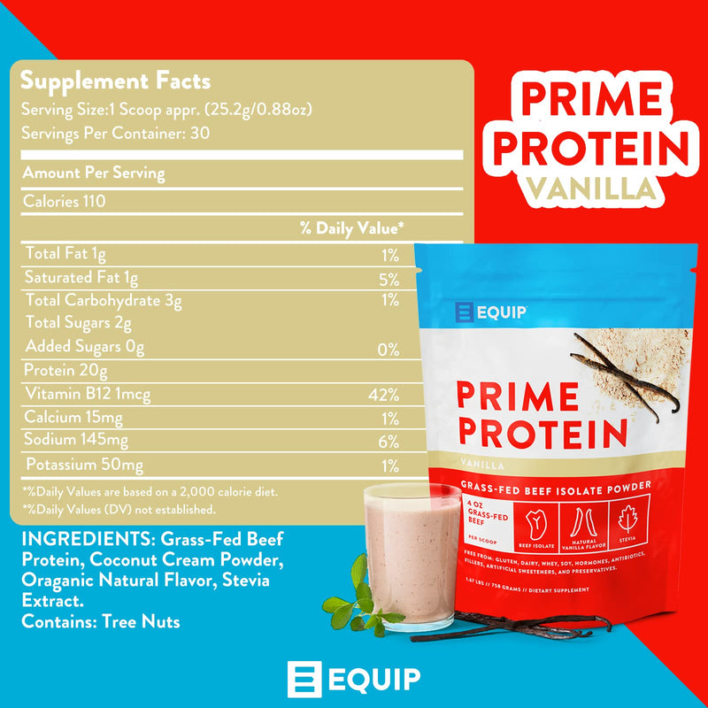 Equip Foods Prime Protein - Grass Fed Beef Protein Powder Isolate - Paleo and Keto Friendly, Gluten Free Carnivore Protein Powder - Unflavored, 1.39 Pounds - Helps Build and Repair Tissue