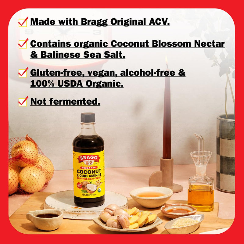 Bragg Organic Coconut Aminos – 16oz, Soy-Free Alternative, Gluten-Free, Dark & Rich Flavor for Cooking – Vegan, No Salt Added, Packed with Amino Acids – Plant-Based Seasoning & Marinade