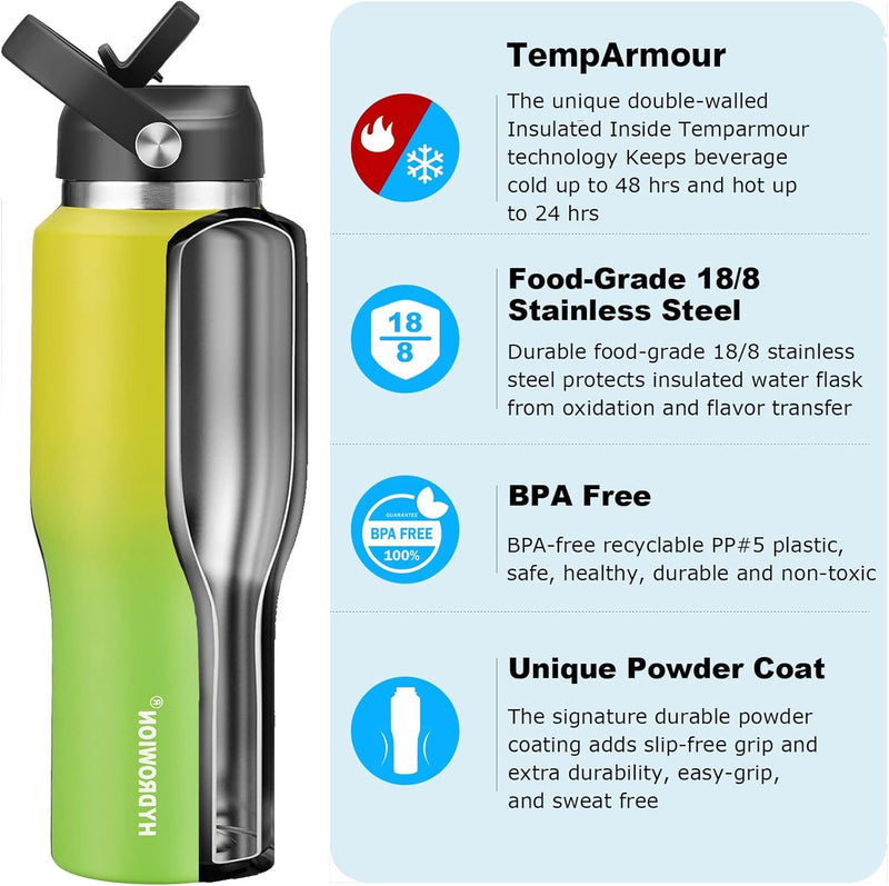 40 oz Insulated Water Bottle with Straw fit in Car Cup Holder(Cold 48 hrs, Hot 24 hrs) Drinking Bottle with Straw Lid, Spout Lid and Flex Cap Leakproof Travel Thermo Mug，White - Black