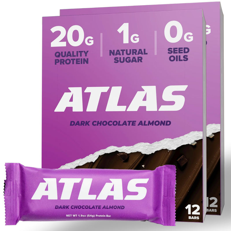 Atlas Protein Bar, 20g Protein, 1g Sugar, Clean Ingredients, Gluten Free (Dark Chocolate Almond, 12 Count (Pack of 2))