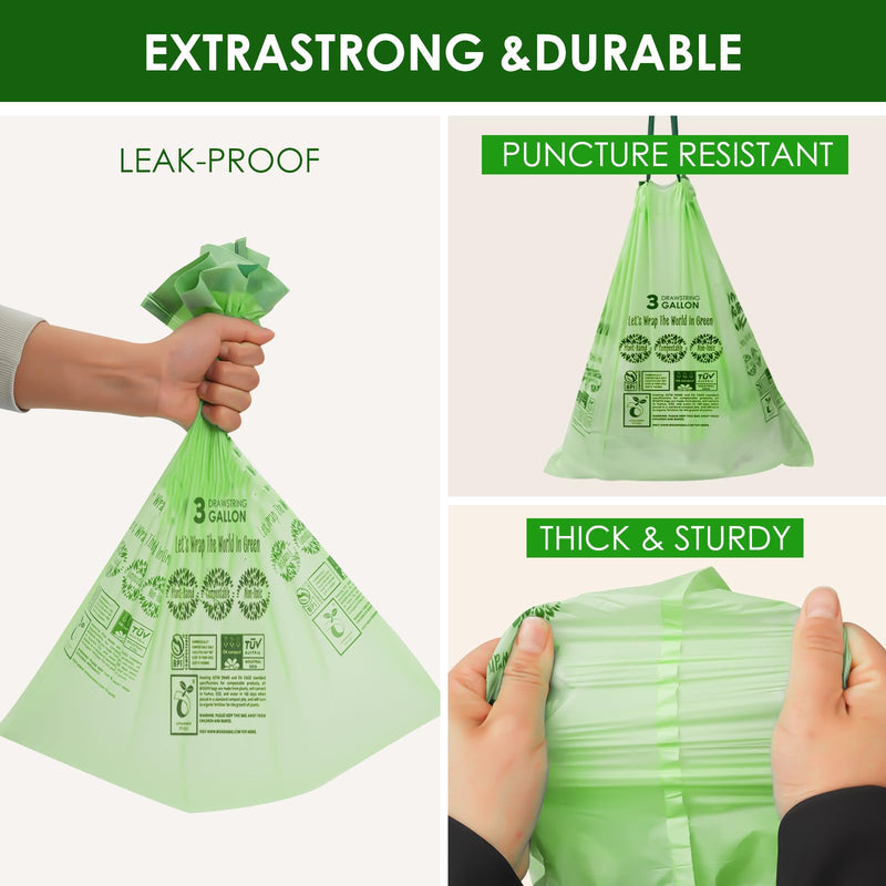 13 Gallon Compostable Trash Bags with Drawstring, Heavy Duty Extra Thick 1 Mil, 49.21 Liter, Tear Resistant and Odorless Kitchen Food Scrap Waste Bag, US BPI and OK Compost Home Certified (30 Count)