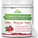 Zazzee D-Mannose Powder Plus, 2000 mg, 30 Servings, Potent & Fast-Acting, Plus 5 Billion CFU Probiotics and Pure Cranberry Juice Extract, Kosher, Free Scoop, 2.98 Oz, Gluten-Free, Non-GMO, All-Natural