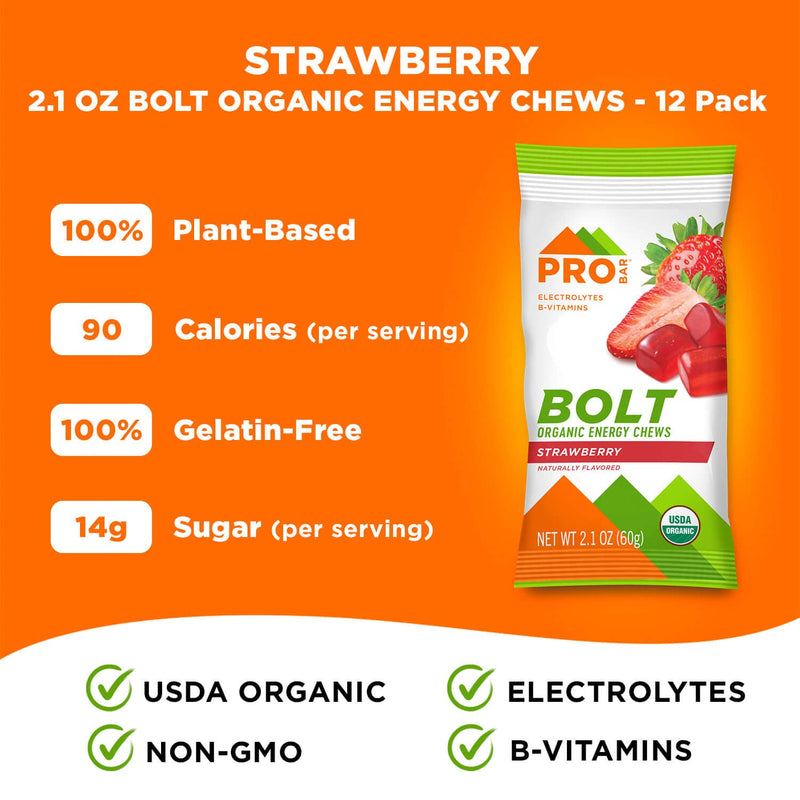 PROBAR - Bolt Organic Energy Chews, Strawberry, Non-GMO, Gluten-Free, USDA Certified Organic, Healthy, Natural Energy, Fast Fuel with Vitamins B & C, 2.1 Ounce (Pack of 12)