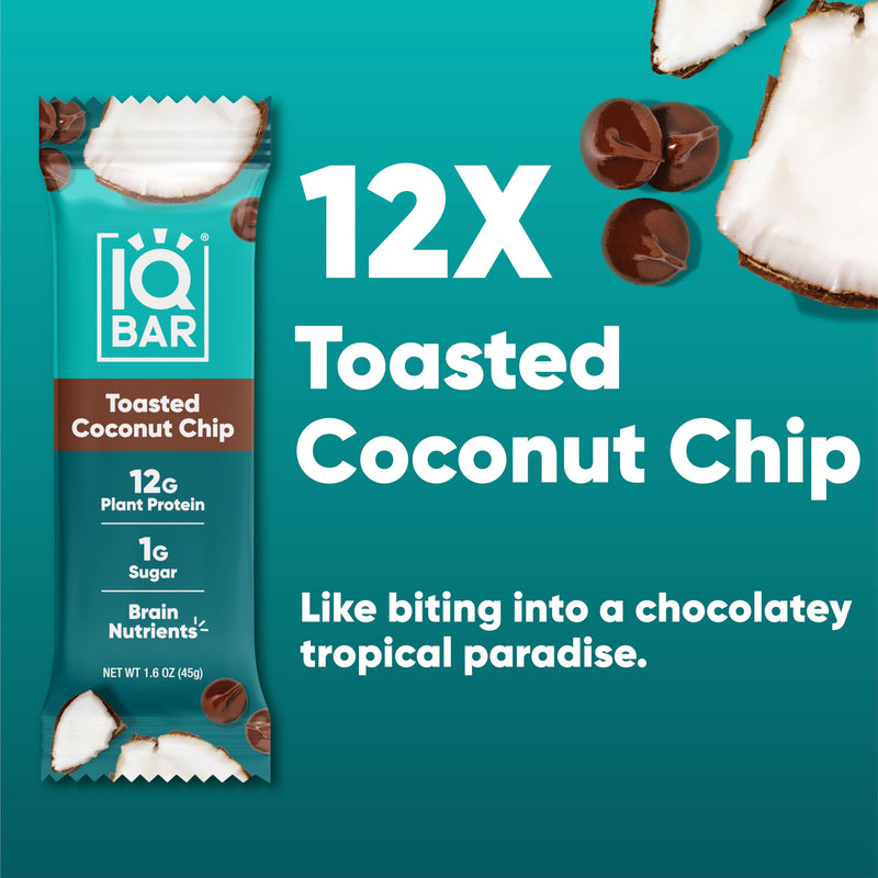 IQBAR Brain and Body Plant Protein Bars - Peanut Butter Chip - 12 Count, Low Carb, High Fiber, Gluten Free, Vegan Snacks - Low Sugar Keto Energy Bars