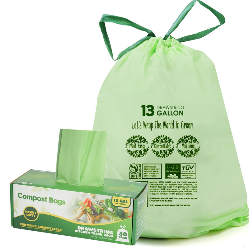 13 Gallon Compostable Trash Bags with Drawstring, Heavy Duty Extra Thick 1 Mil, 49.21 Liter, Tear Resistant and Odorless Kitchen Food Scrap Waste Bag, US BPI and OK Compost Home Certified (30 Count)