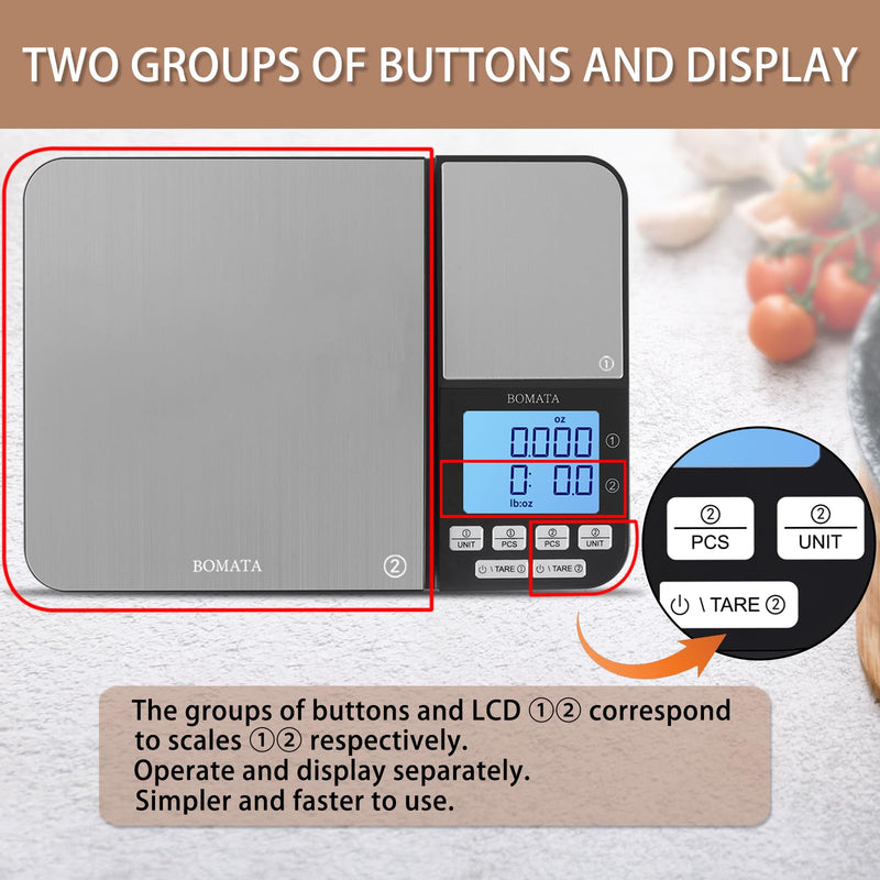 BOMATA Dual Platform Digital Kitchen Scale with Two Precision 0.1g & 0.01g/0.001oz, Max Capacity 11lb/5kg,Tare Function, Units Conversions, Stainless Steel, LCD with Backlit