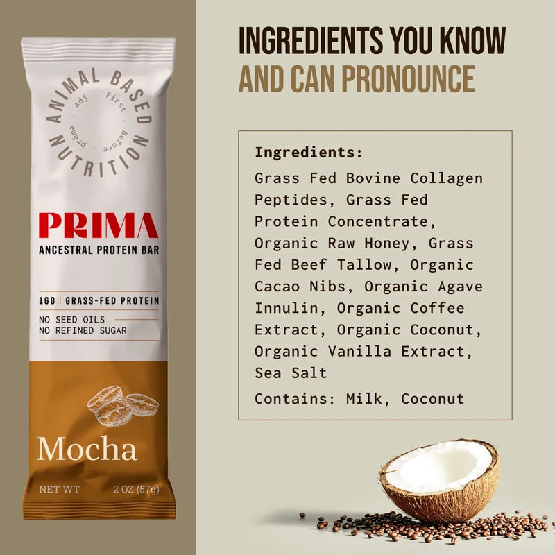 PRIMA ANCESTRAL PROTEIN BAR Grass Fed Protein Bars, 7 Pack – Animal-Based Protein Bar with Beef Tallow, Raw Honey, Seed Oil Free, Low Carb, Gluten-Free – Healthy, Energy Snacks for Clean Lifestyle (7 Pack, Cacao)