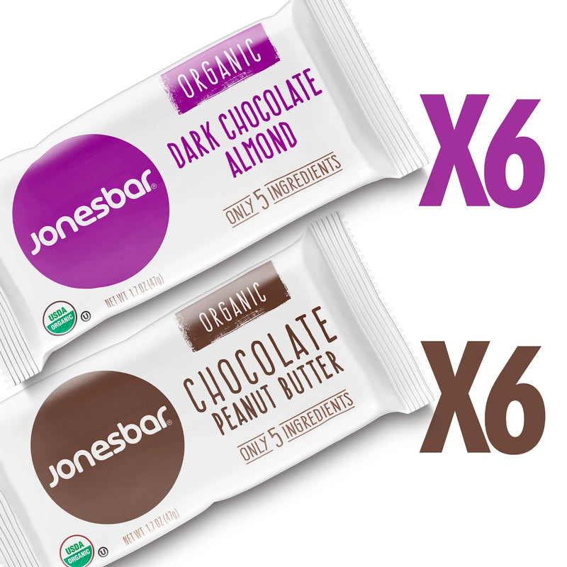JONESBAR (Variety Pack, 12 Count (Pack of 1)), USDA Organic Fruit & Nut Bar, Non-GMO, Kosher, Vegan, Gluten Free, Simple Snack Bar